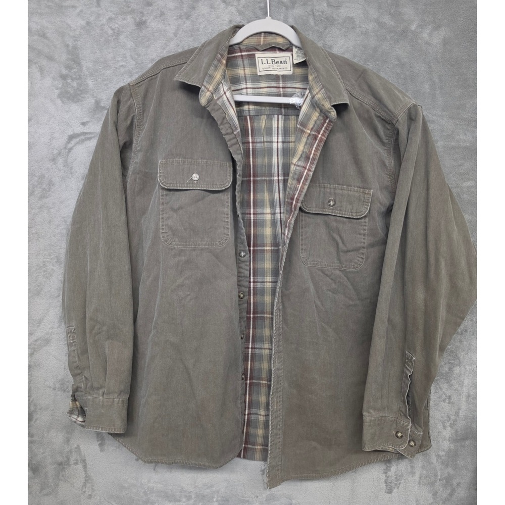 LL Bean Mens XL Flannel Lined Canvas Shirt Jacket Olive Green Plaid Shacket